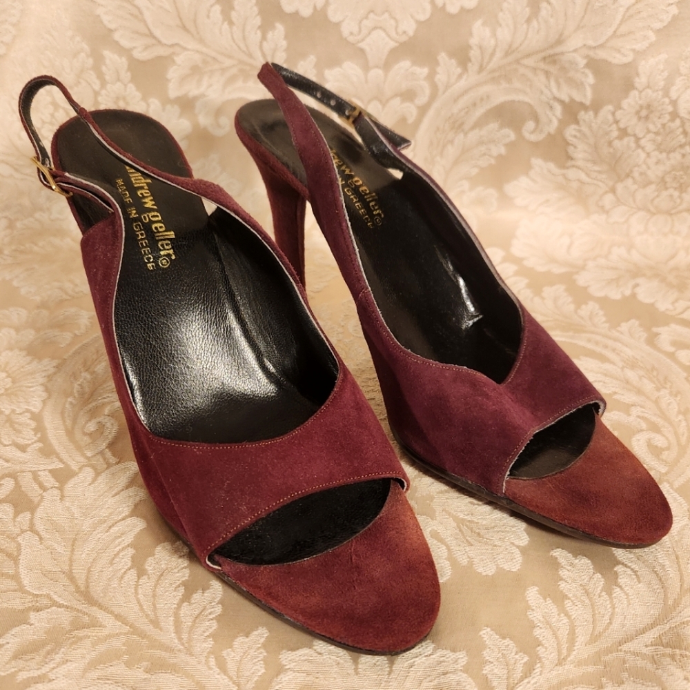Vintage Andrew Geller Burgundy Suede Slingback Open Toe Pumps 1970s